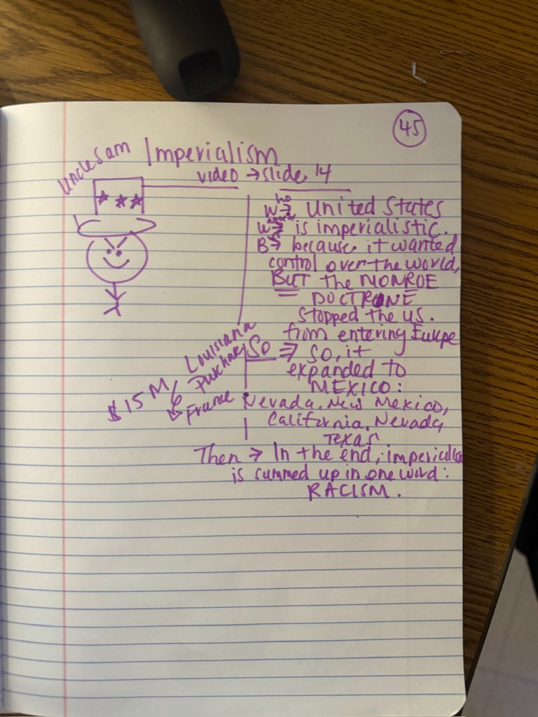 Student imperialism unit notes with Uncle Sam sketch